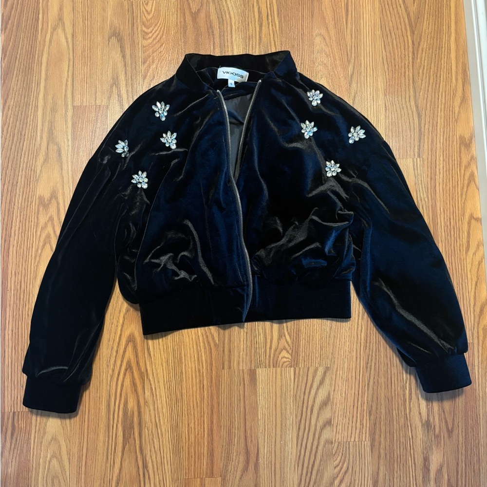 Black Velvet Bomber Jacket with Crystal Floral Accents